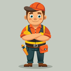 Cartoon Construction Worker with Cheerful Expression Stands Confidently with Arms Crossed Ready for any Building Project or Task