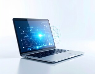 A modern laptop displaying a glowing blue network of interconnected lines and nodes on its screen.