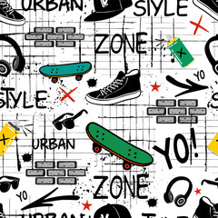 Seamless graffiti urban pattern with skateboards, sneakers, spray cans, headphones, and street style elements on white background. Perfect for streetwear design.
