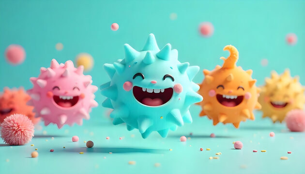 Playful cartoon virus characters with happy expressions