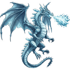Illustration of a crystal dragon breathing ice with large wings and a long tail on a white background on transparent background