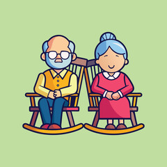 Cartoon drawing of elderly couple relaxing in rocking chairs with a light background