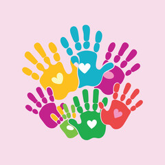 Colorful handprints in a circle symbolizing community, diversity, and togetherness, on pink background