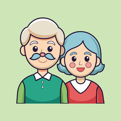 Cute Cartoon Illustration of an Elderly Couple on a Light Green Background