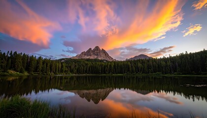 Jagged mountain peaks and a colorful sunset sky are perfectly reflected in the calm waters of an alpine lake.