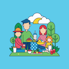 Fototapeta premium Happy family enjoying a picnic together in a park illustration style