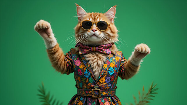 Cat wearing colorful clothes and sunglasses dancing on the green background