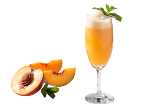 Refreshing peach bellini cocktail with fresh peach slices isolated on transparent background