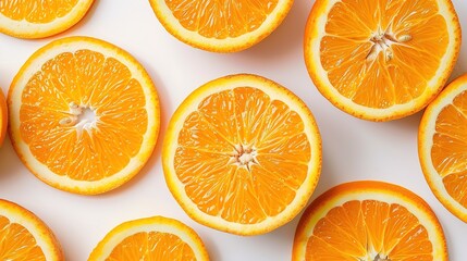 Fototapeta premium Sunshine in Slices: Vibrant Close-Up of Fresh Orange Slices on a White Background – Juicy Segments with Glistening Pulp, Bright Orange Rinds, Scattered Juice Droplets
