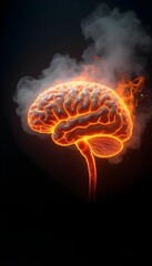 Human brain with glowing fire inside and smoke symbolizing stress burnout neurological inflammation