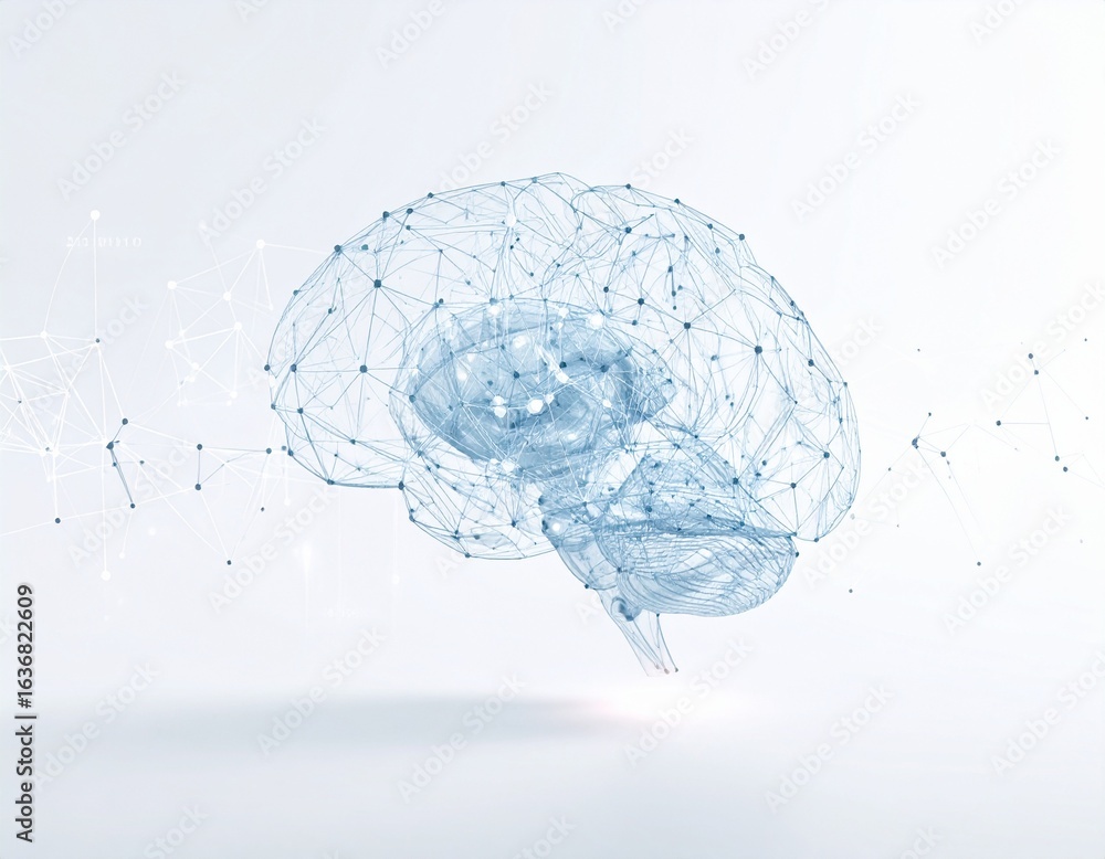 Poster a luminous, abstract representation of a human brain composed of interconnected nodes and lines, sym