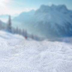 Snow-covered empty copy space for product placement. Mockup and blurred background of snowy...