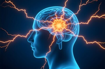 Obraz premium 3D illustration of human brain emitting electric energy representing neural activity cognition and mental health