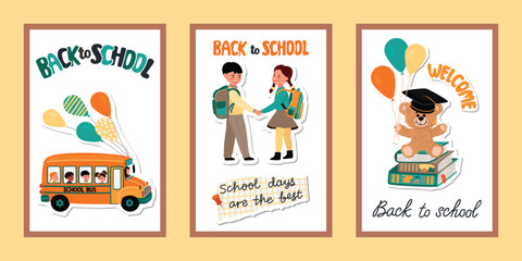 Back to school posters set with kids, school bus, stack of books and teddy bear. White backgrounds with cartoon objects and hand written. Collage elements with paper cut shapes. Vector design.