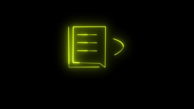 Document file icon animation. Glowing neon yellow  color paper page note sign symbol. Glowing neon line Notebook icon isolated on black background. 