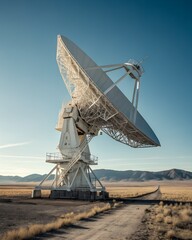 Large radio telescope dish in a vast desert landscape