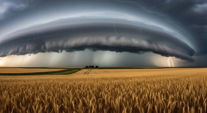 Dramatic Supercell Storm Over Golden Wheat Field with Lightning Strike