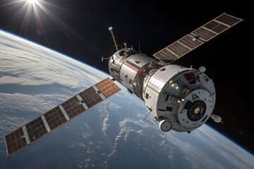 Spacecraft near earth with sun glare