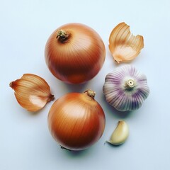 Onion and garlic, Onion and garlic on a plain surface.