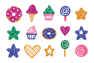 Sweet Treats Collection: A whimsical array of colorful cartoon sweets and desserts, designed to evoke pure joy. This captivating illustration set features delectable treats, sure to delight