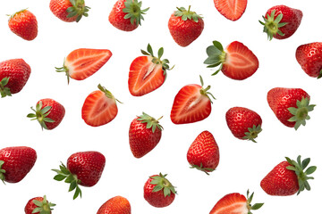 Fresh ripe strawberries scattered isolated on transparent background