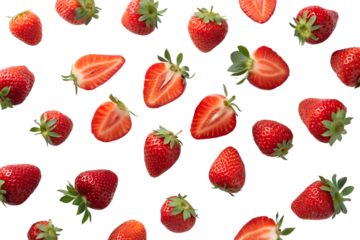 Fresh ripe strawberries scattered isolated on transparent background