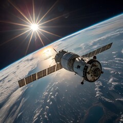 Spacecraft orbiting earth with the sun shining brightly