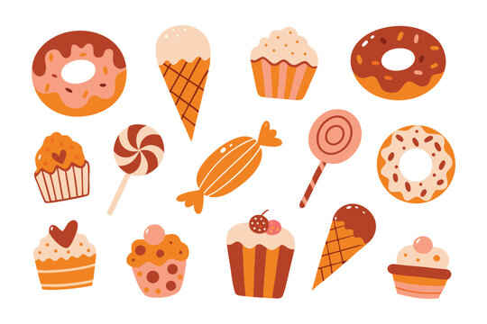 Sweet Treats Assortment: A delightful collection of various sweet treats and desserts arranged in an appetizing composition. Featuring cakes, doughnuts, lollipops, and ice cream cones.