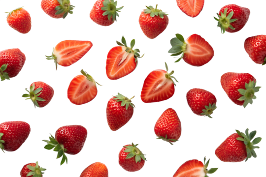 Fresh ripe strawberries scattered isolated on transparent background