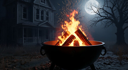A fire pit burning brightly in front of a spooky house under a full moon at night time scene ai generated