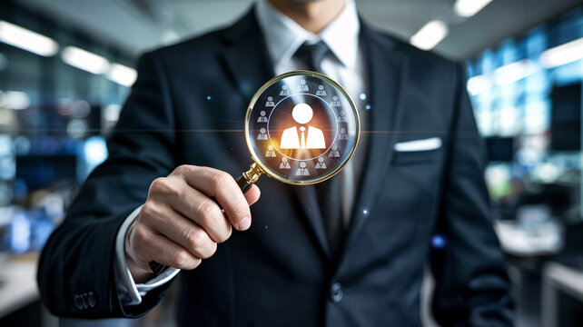 Find top talent now, businessman holding a magnifying glass over potential candidates, hire the best employee with the right fit and skills today