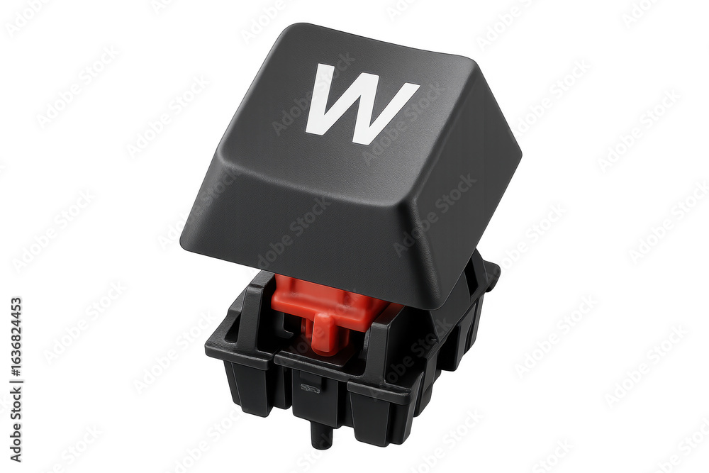 Fototapete Black keyboard key W with red switch floating on transparent background