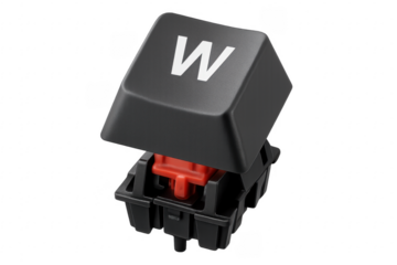 Black keyboard key W with red switch floating on transparent background