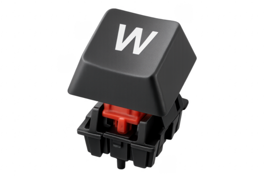 Black keyboard key W with red switch floating on transparent background
