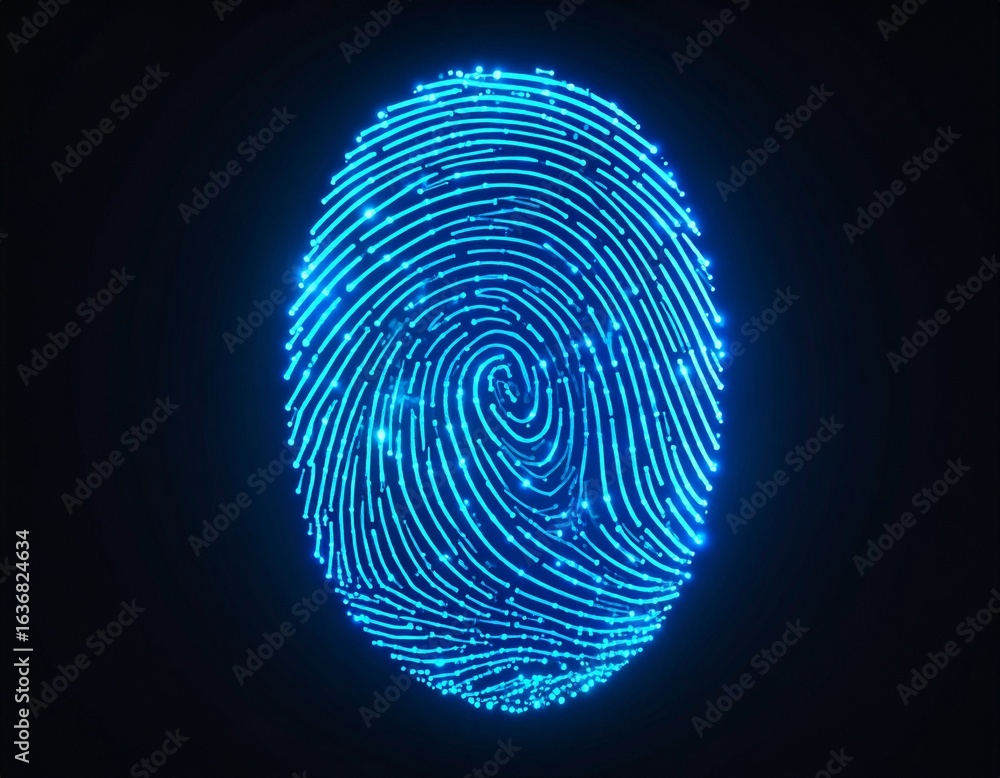 Poster a glowing blue digital fingerprint on a dark background representing biometric security and identity