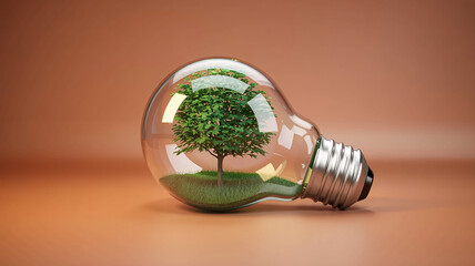 Inspiring environmental concept with vibrant tree growing inside lightbulb, symbolizing green energy solutions and sustainable living for future generations