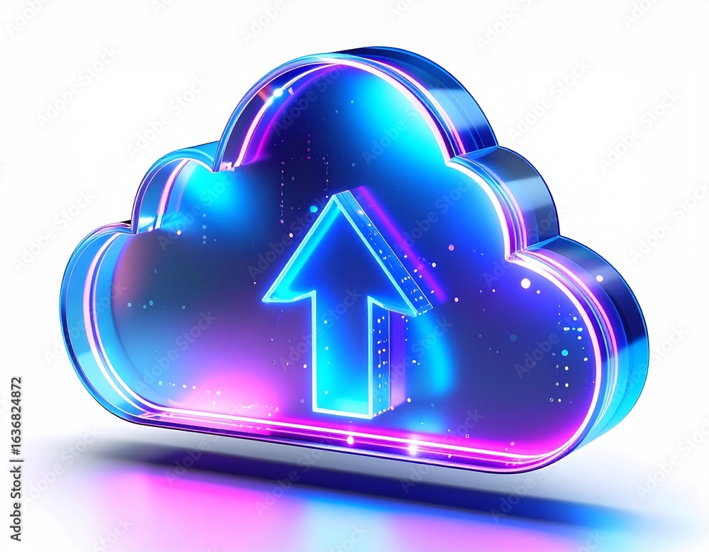 Poster a glowing cloud with an upward arrow, representing cloud storage and data upload.