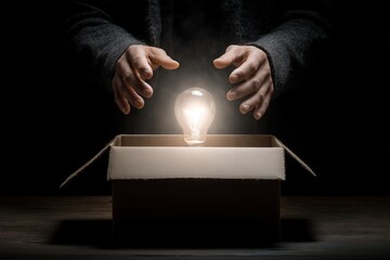 Hands opening box with glowing idea