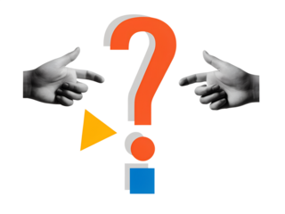 Black and white hands holding a big red question marks. Modern collage style. Illustration on transparent background