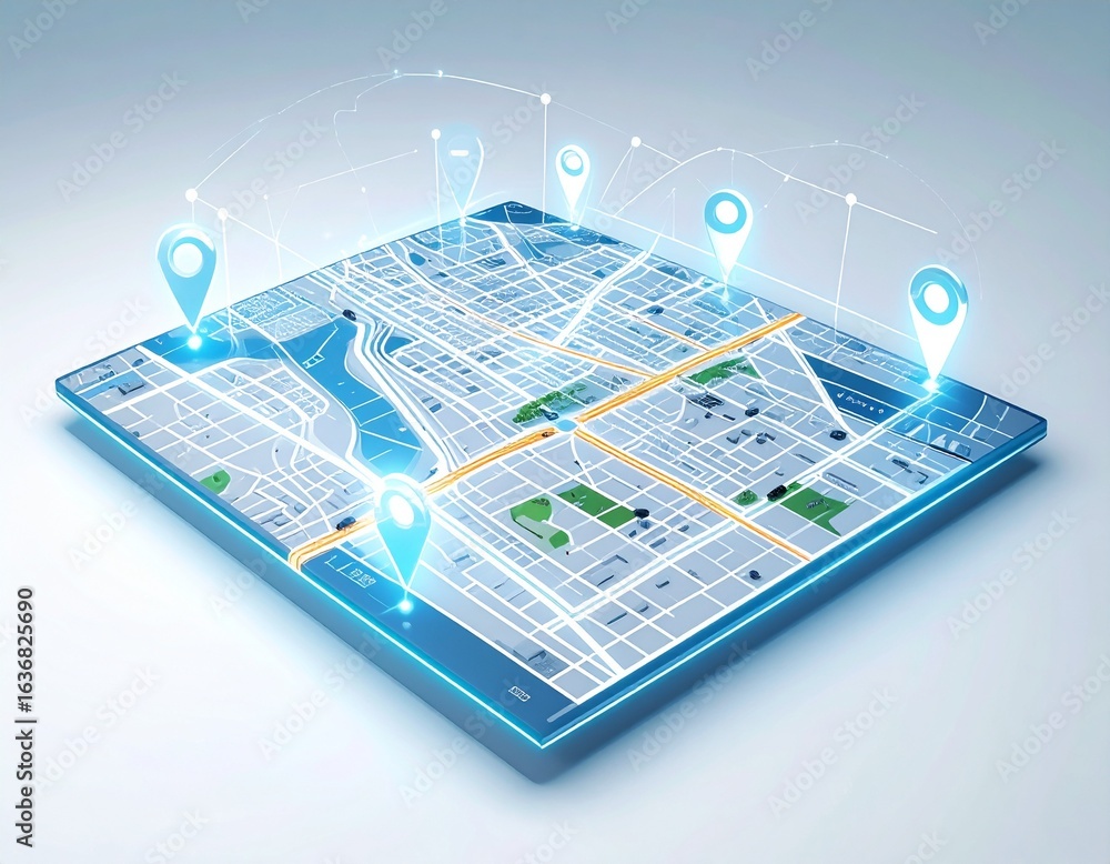 Poster a futuristic digital map displayed on a glowing tablet with illuminated location pins, representing 