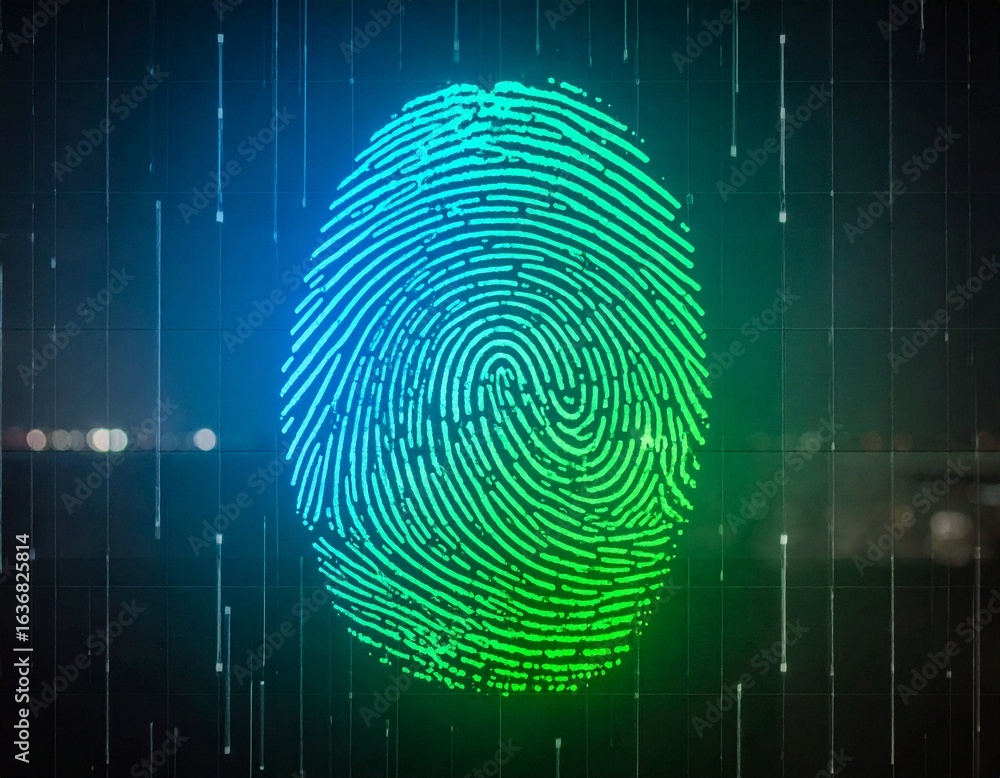Poster a digital fingerprint scan in green and blue, representing biometric security technology.