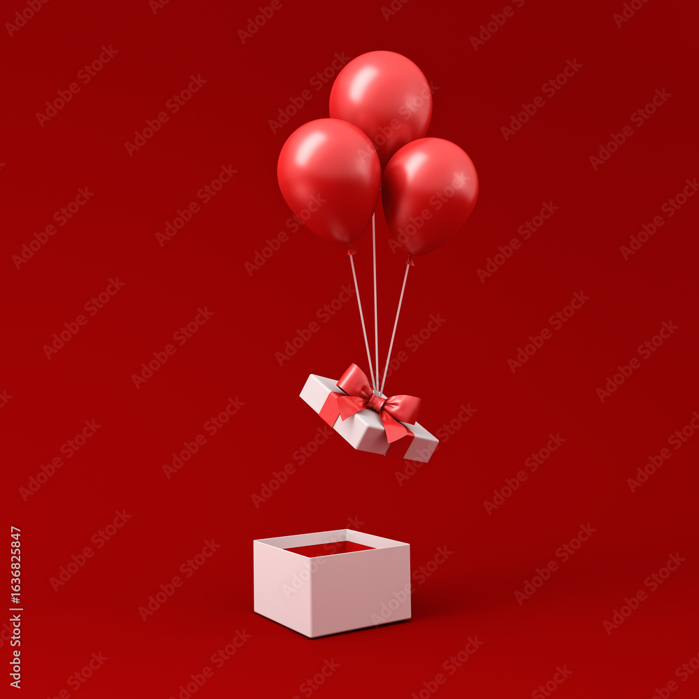 Poster floating balloons lifting up gift box lid or opening white present box with red ribbon bow and red g