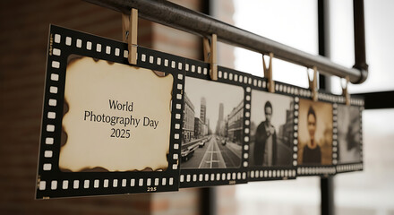 Vintage film strip displaying black and white photographs hanging on a rail