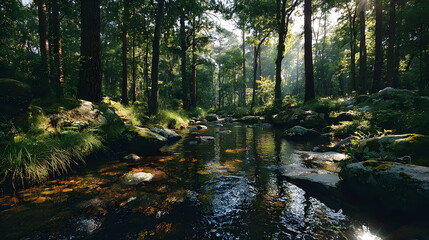 Obraz premium Stream through the forest in the bright light of the sun