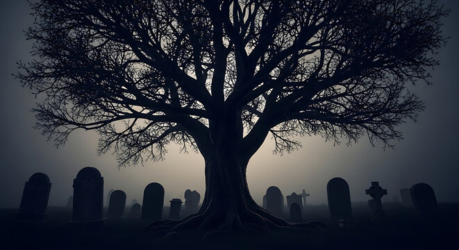 Silhouette of a large tree in a graveyard with tombstones under a foggy and dark sky at night ai generated - Powered by Adobe