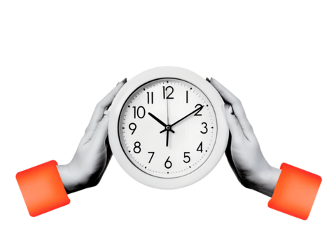 Hands holding wall round clock. Modern collage style. Illustration on transparent background