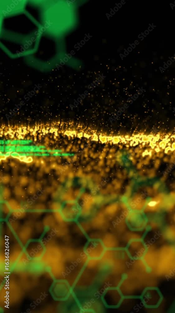 Poster digital animation of data processing and molecular structures against golden digital wave