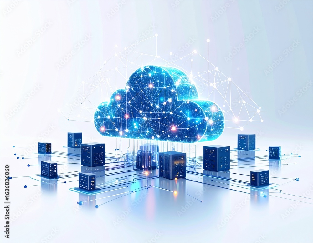 Fototapete futuristic visualization of cloud computing technology, showing a glowing digital cloud connected to
