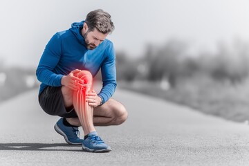 Runner sitting, knee pain medical illustration