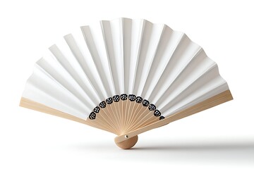 A simple white paper fan with a wooden handle on a white background